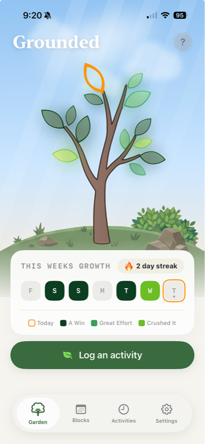Grounded garden with a growing tree and weekly progress